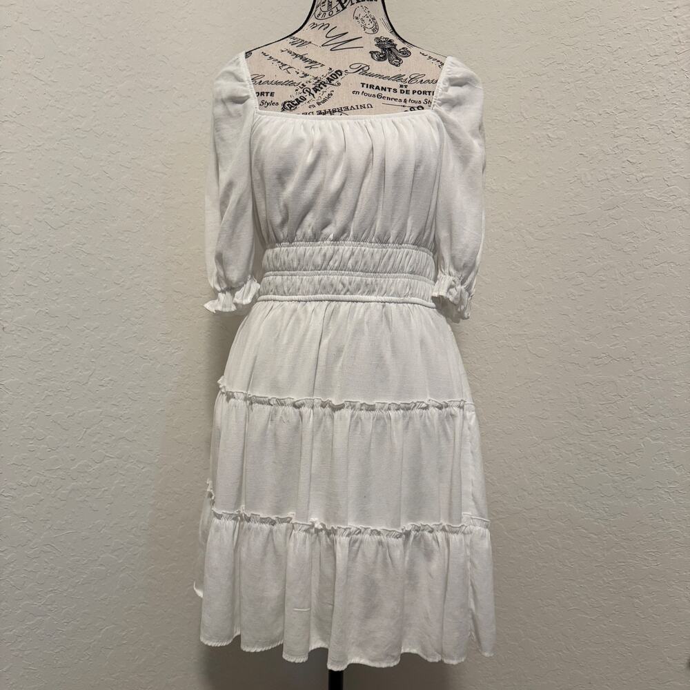 Trixxi Dress White Smocked Waist Tiered Ruffle Mini Dress Ladies Retro Peasant